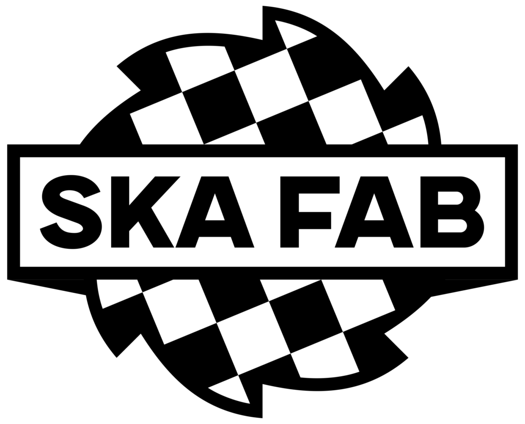 a black and white ska fab logo with a checkered background