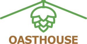 a logo for oasthouse has a green hop on it